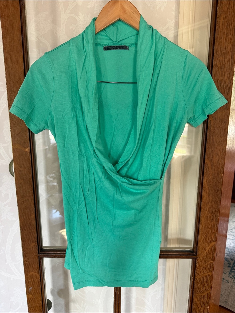 Velvet Teal Short-Sleeve Draped Cowl Top